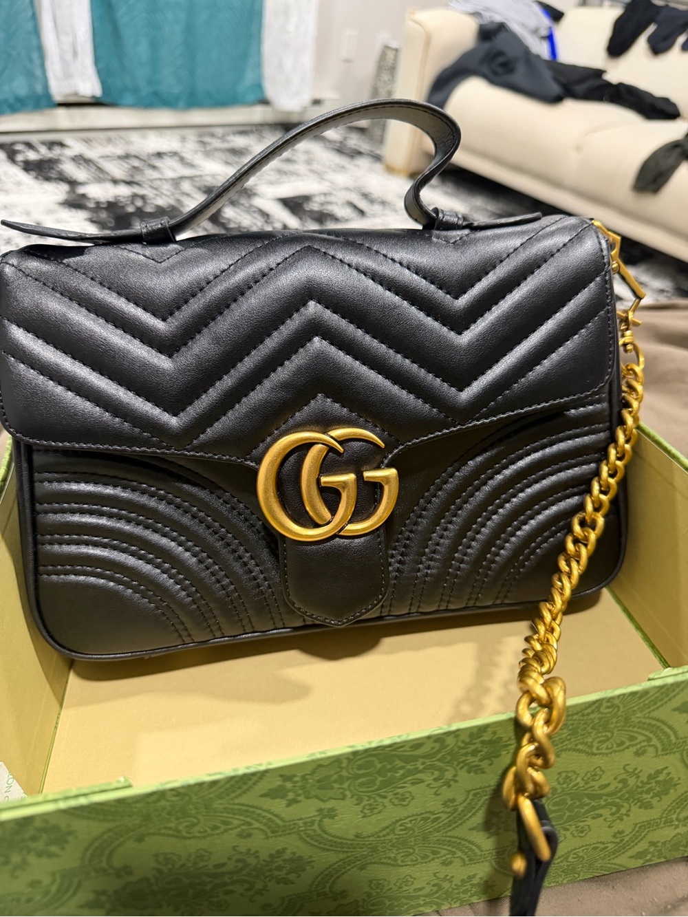 Gucci Black Quilted Shoulder Bag with Gold Double G